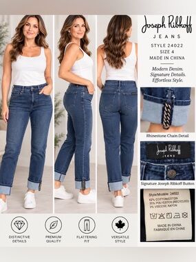 Joseph Ribkoff Dark Blue Straight Leg Jeans with Rhinestone Chain Cuff